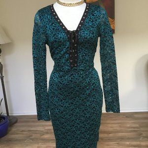 IPONA Pencil Sequined Lace Short Dress Long Sleeve V-Neck Party Cocktail Teal M